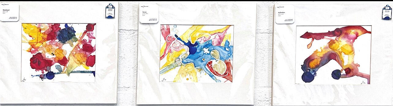 Left: "Skateboard" by Mark A. Lembo, Alcohol Ink and Watercolor, 9 x 12 inches, $360 + Shipping; Middle: "Garcia" $280 + Shipping; Right: "Rollerskate" $350 + Shipping