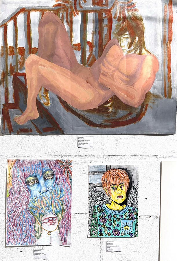 Top: "Unfinished" by Yuri Tversky, Acrylic on Canvas, 18 x 24 in, $15 + Shipping; Left: "Metamorphosis" by Anon, Color Pencil on Paper, 11 3/4 x 9 in, $10 + Shipping; Right: "Juxtaposition" by Anon, Color Pencil and Pen on Paper, 10 x 7 in, $5 + Shipping