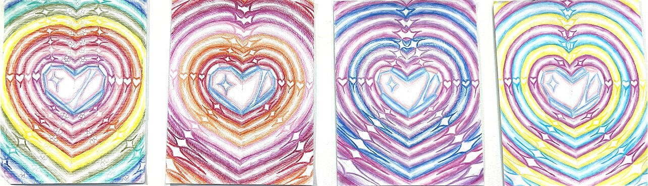First: "Gilbert Baker x Trans Heart" by Yuri Tversky, Color Pencil on Paper, 11 x 8 1/2 inches, $10 + Shipping; Second: "Lesbian Heart x Trans Heart", $10 + Shipping; Third: "Bi x Trans Heart", $10 + Shipping; Fourth: "Pan x Trans Heart", $10 + Shipping