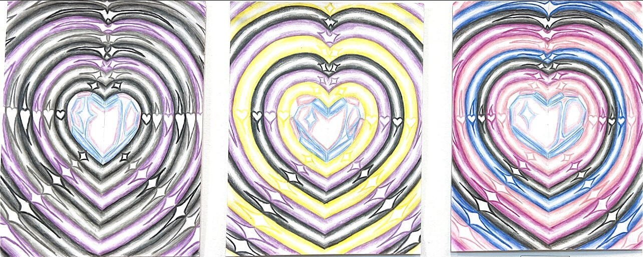 First: "Ace x Trans Heart" by Yuri Tversky, Color Pencil on Paper, 11 x 8 1/2 inches, $10 + Shipping; Second: "Enby x Trans Heart", $10 + Shipping; Third: "Fluid x Trans Heart", $10 + Shipping